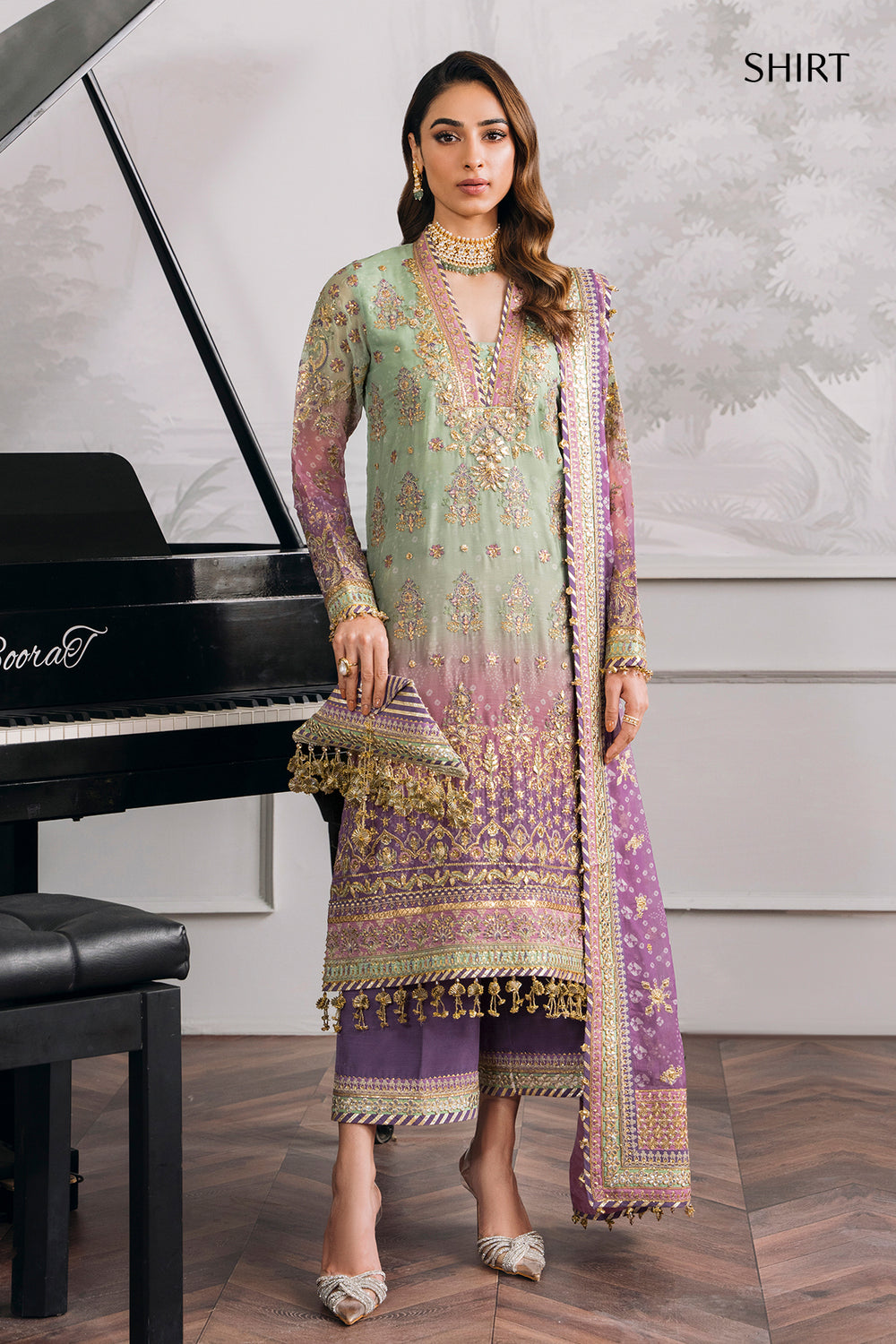 Lilac Mint Dreams: Embroidered Chiffon 3pc Ensemble