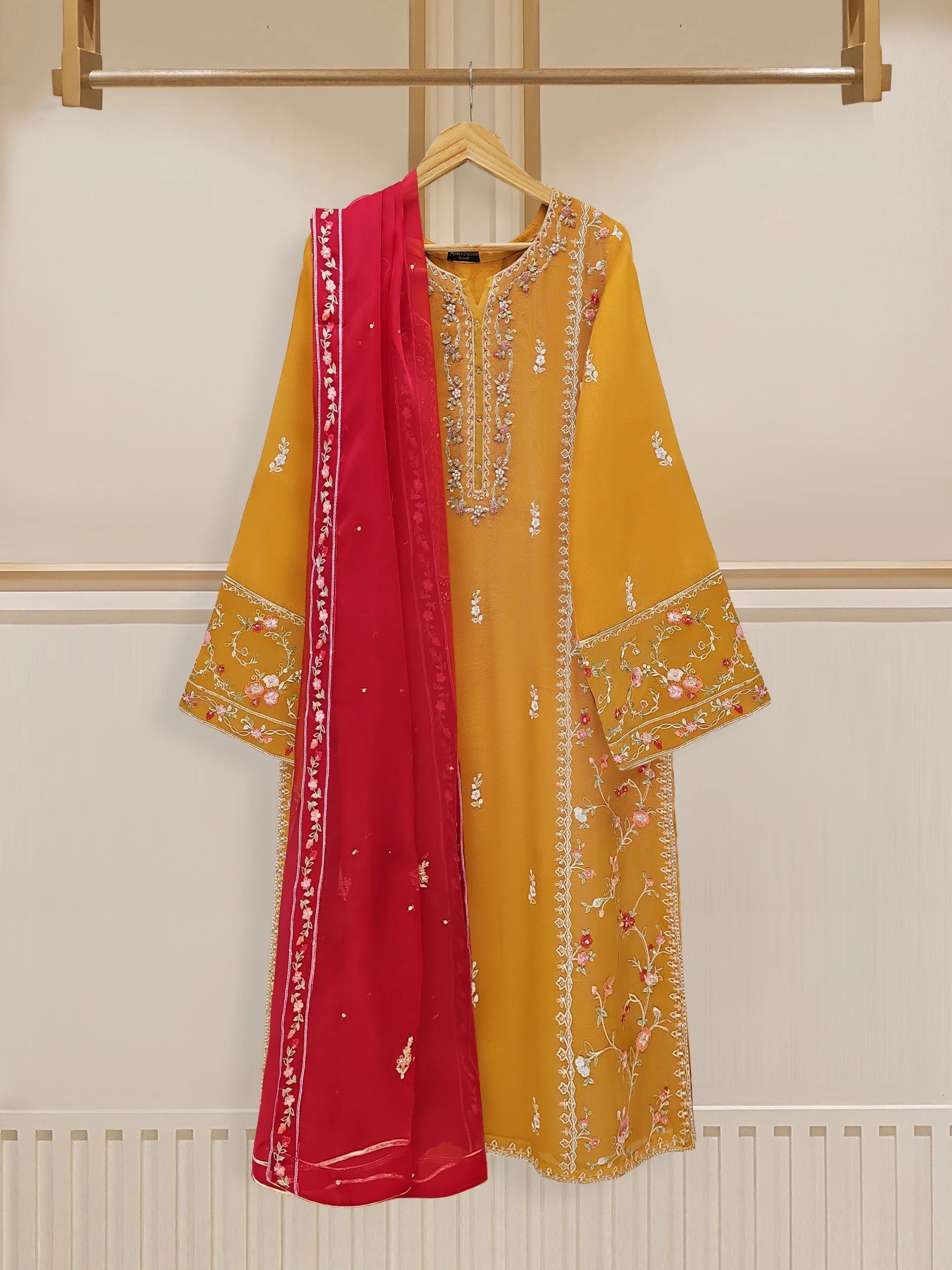 3 Piece - Pure Cotton Net Embroidered Suit S109623