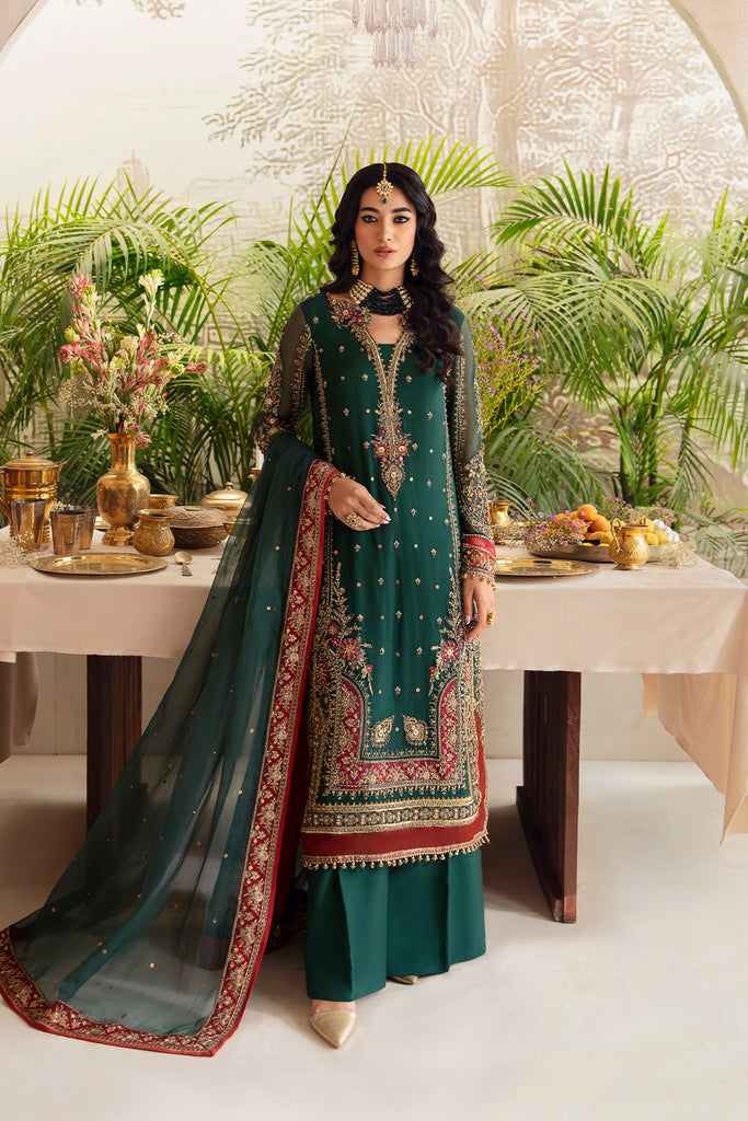 Regal Elegance Dark Green Embroidered Chiffon