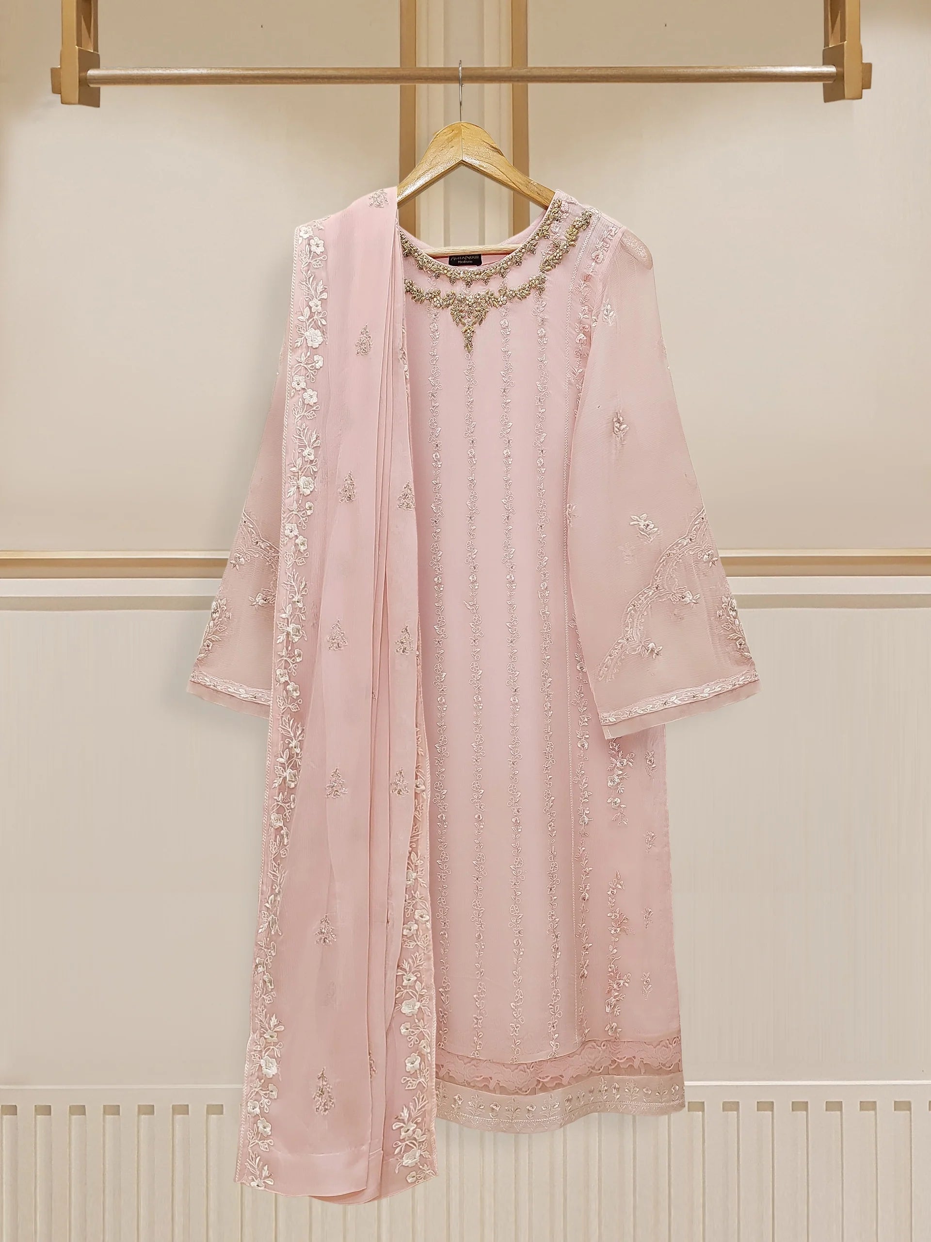 3 Piece - Pink Embroidered Chiffon Suit S109774