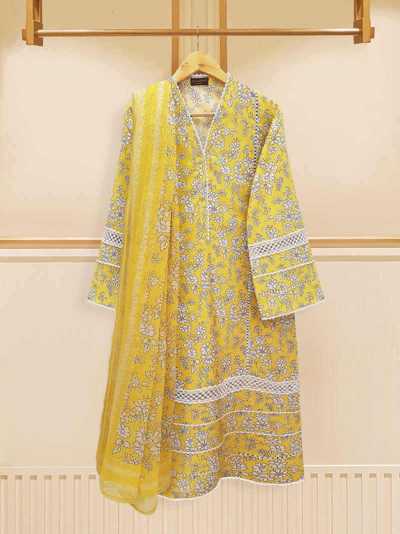 Yellow-3 PIECE - DIGITAL PRINTED CAMBRIC SUIT