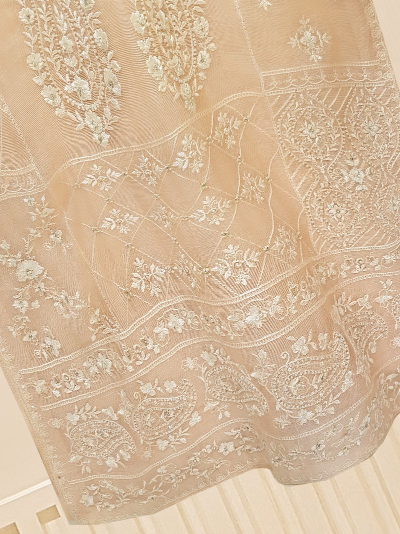 Beige Elegance Embroidered Cotton Net Ensemble