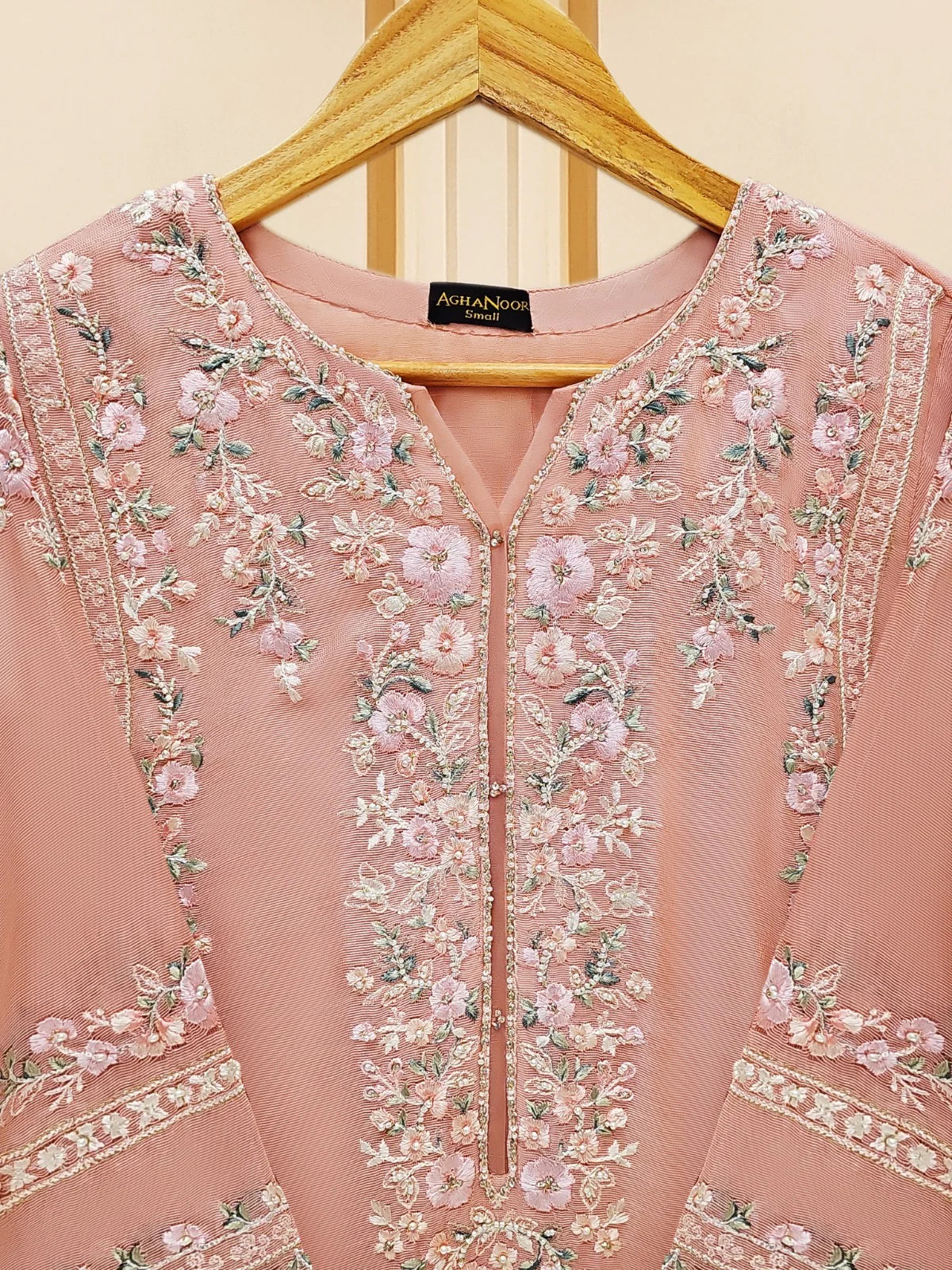 Peach Blossom Elegance: Pure Cotton Net Embroidered 3-Piece Suit (S109574)