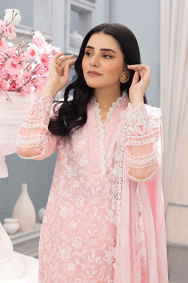 Pink Blossom: Embroidered Chikankari 3-Piece Cotton Ensemble