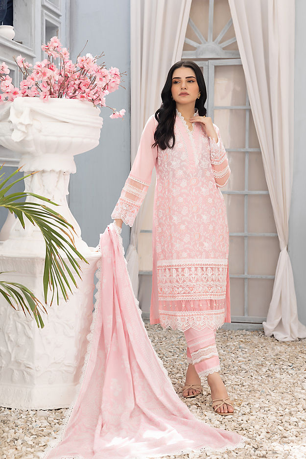 Pink Blossom: Embroidered Chikankari 3-Piece Cotton Ensemble