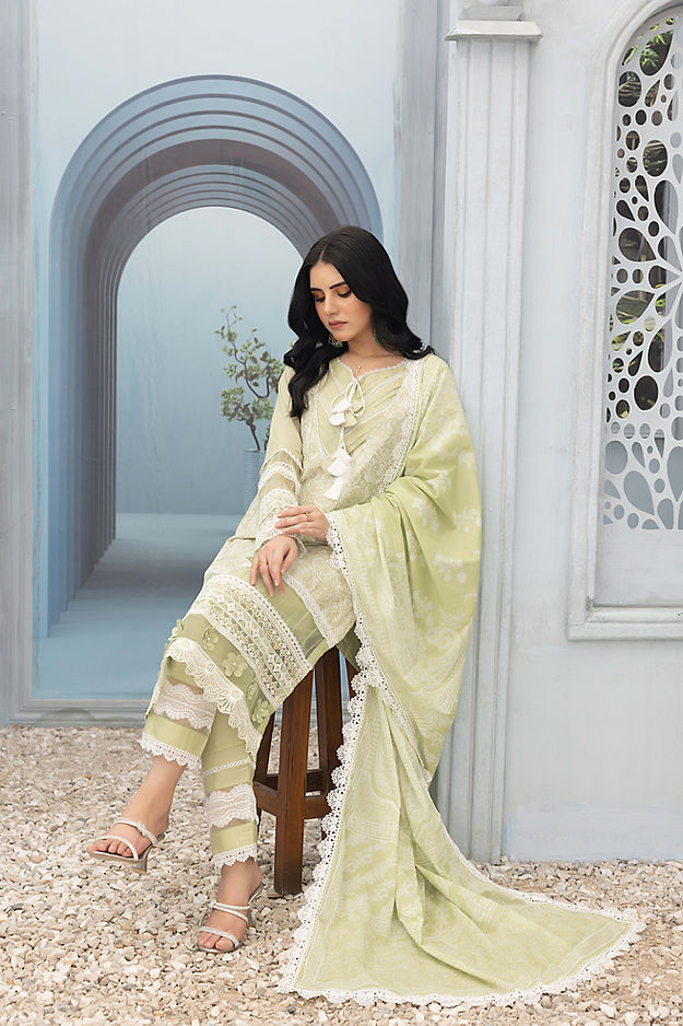 Pista Green Bliss: Embroidered Chikankari 3-Piece Cotton Ensemble