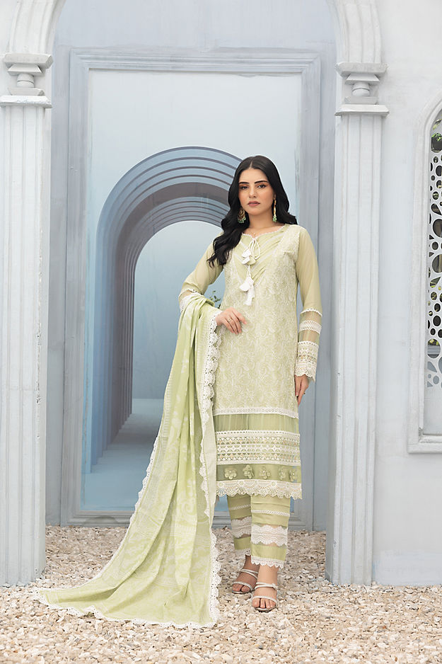 Pista Green Bliss: Embroidered Chikankari 3-Piece Cotton Ensemble