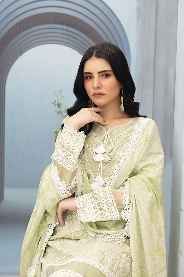 Pista Green Bliss: Embroidered Chikankari 3-Piece Cotton Ensemble