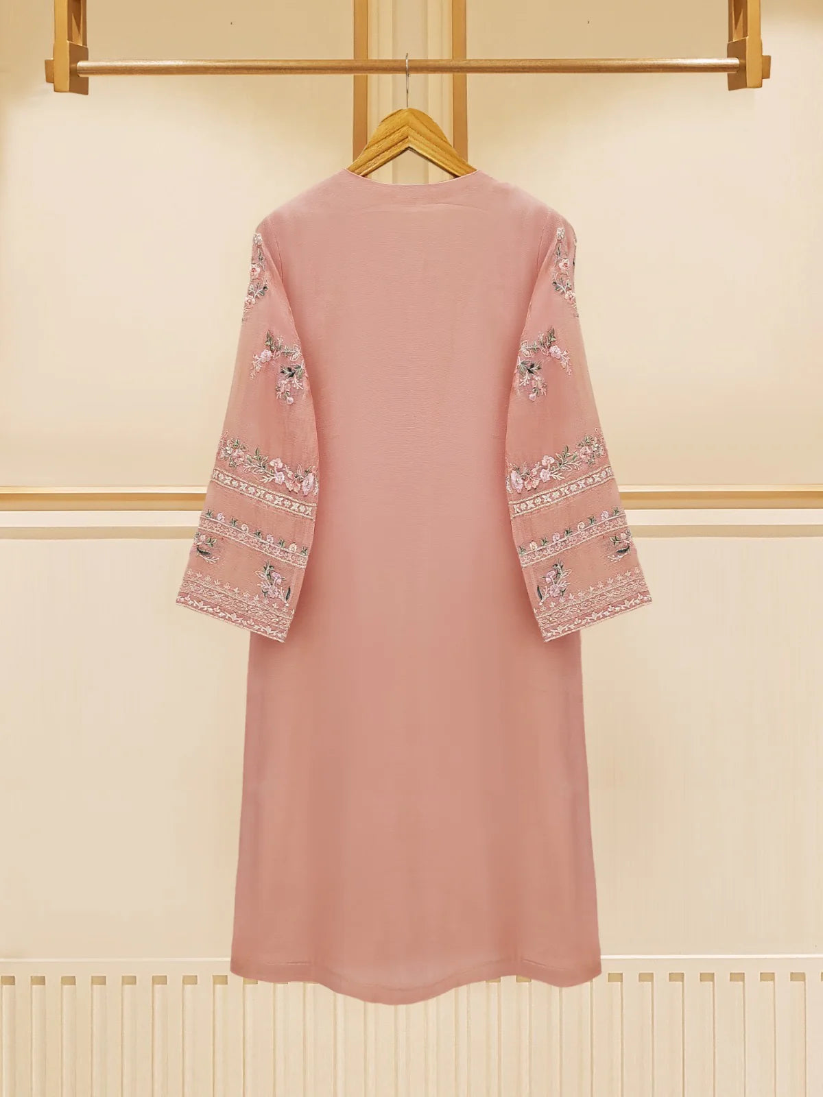 Peach Blossom Elegance: Pure Cotton Net Embroidered 3-Piece Suit (S109574)