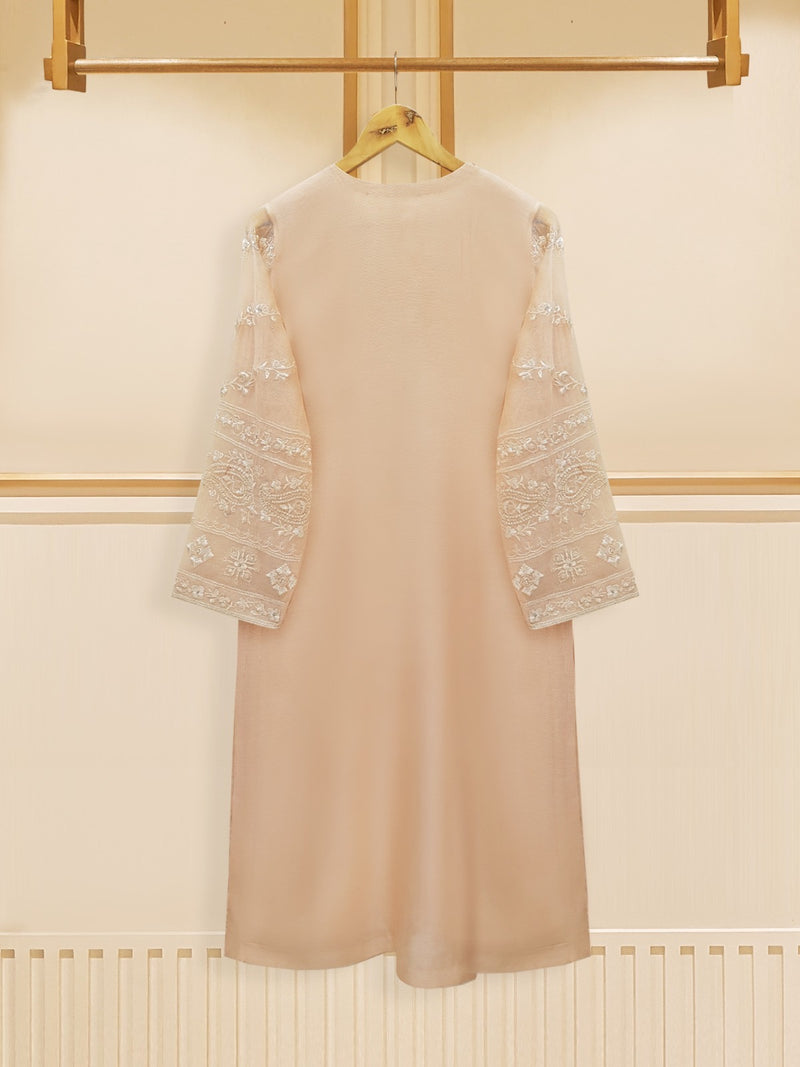 Beige Elegance Embroidered Cotton Net Ensemble