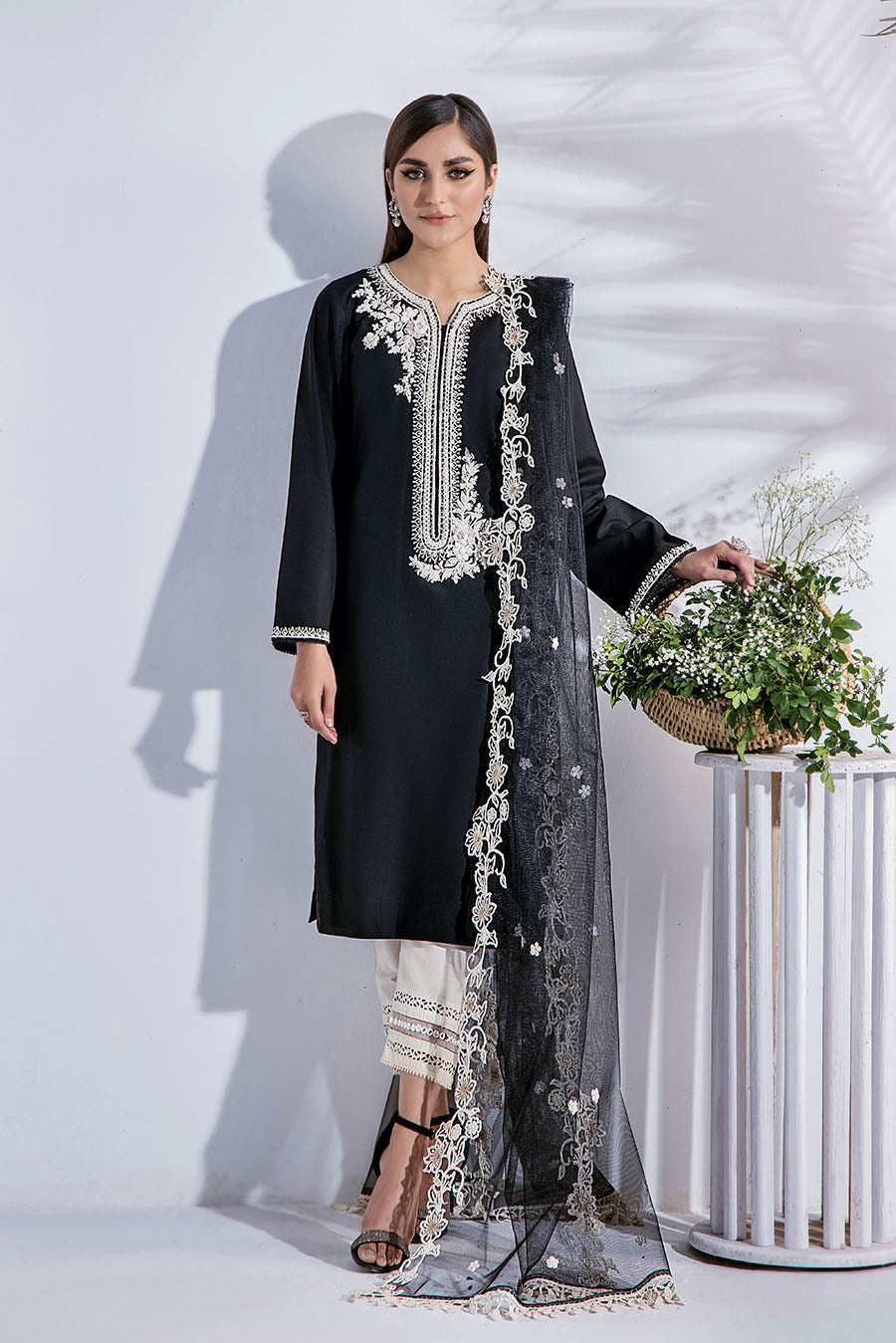 Classic Black Beauty: Cotton Embroidered Shirt with Net Dupatta.