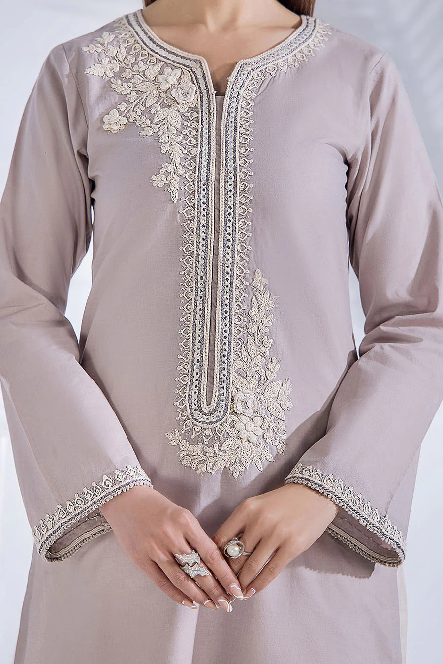 Lavender Grey Dream: Cotton Embroidered Shirt & Net Dupatta Set.
