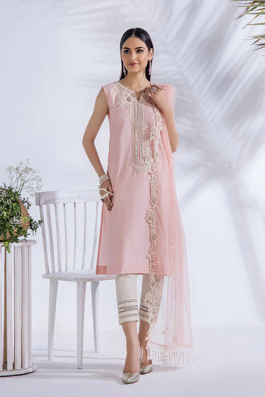 Rosey Elegance: Cotton Embroidered Shirt & Stitched Net Dupatta