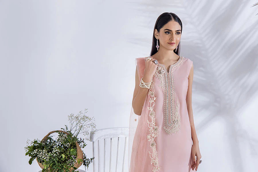 Rosey Elegance: Cotton Embroidered Shirt & Stitched Net Dupatta