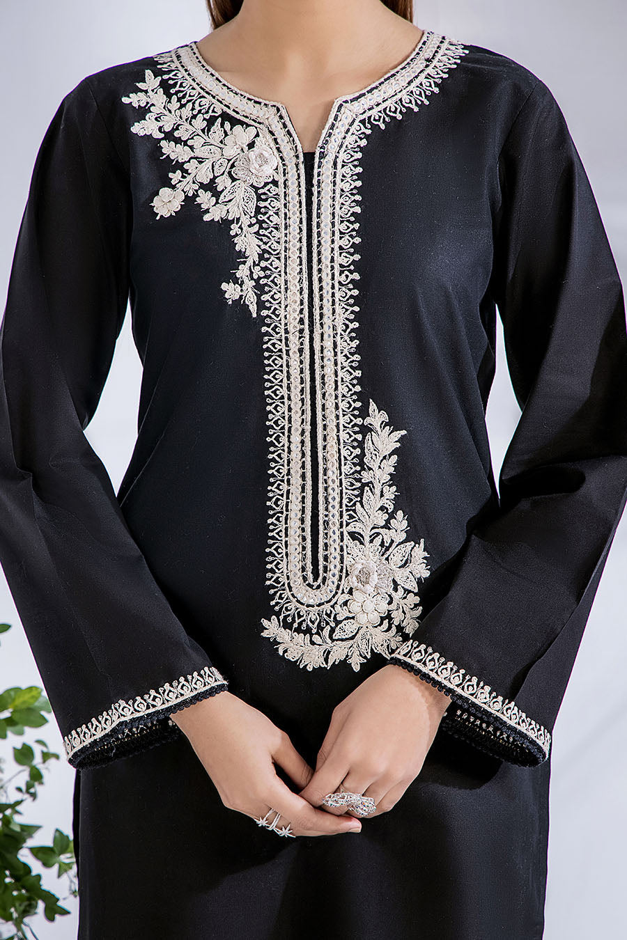 Classic Black Beauty: Cotton Embroidered Shirt with Net Dupatta.