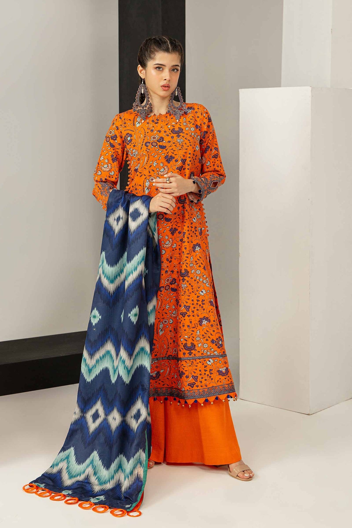 Radiant Orange Hues: 3-Piece- Khaddar Suit