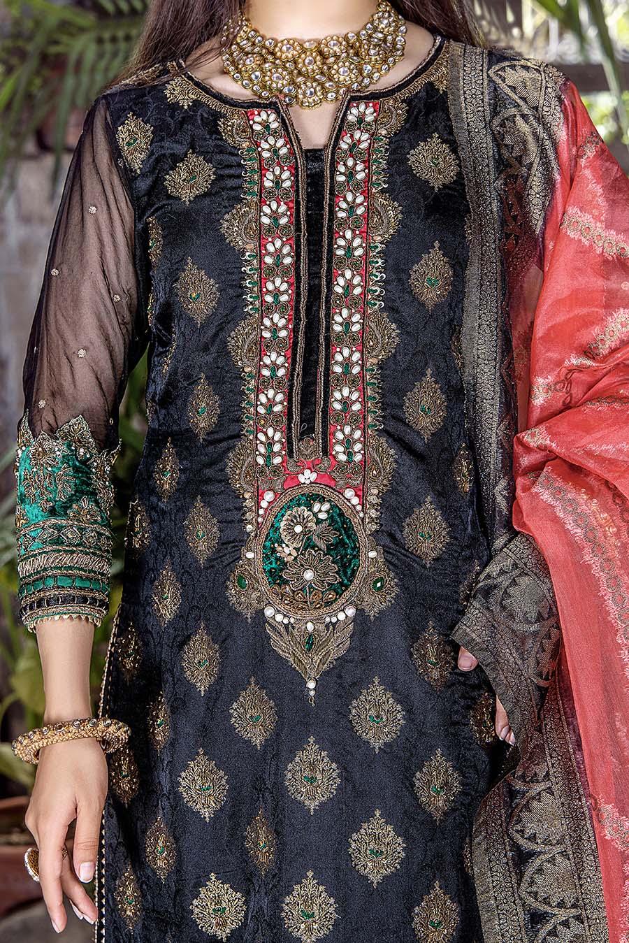 Midnight Whispers: Pure Silk Jamawar Ensemble by Khuda Baksh