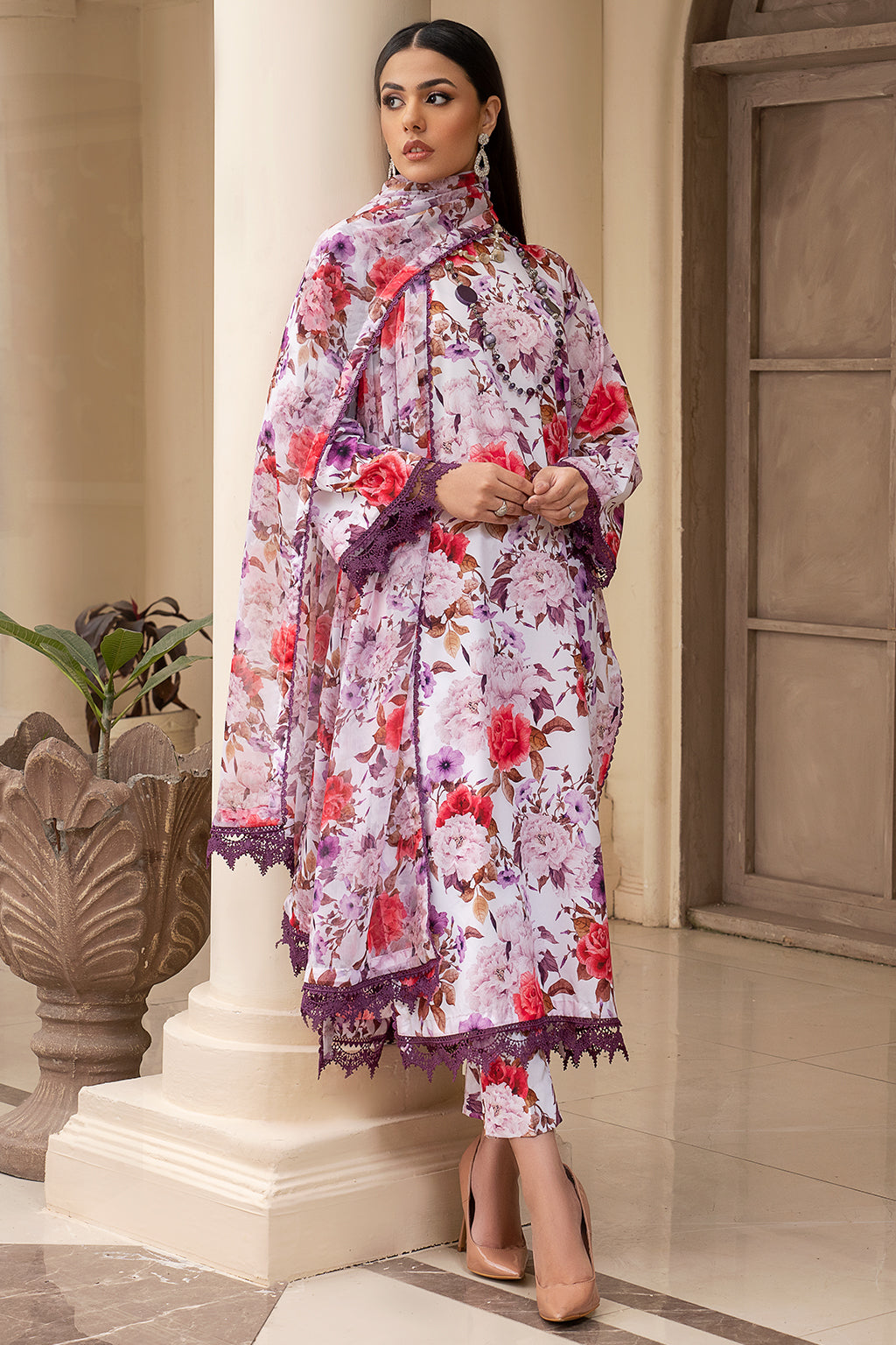 Celina Elegance: 3-Piece Unstitched Co-ords in Printed Georgette Silk with Chiffon Dupatta
