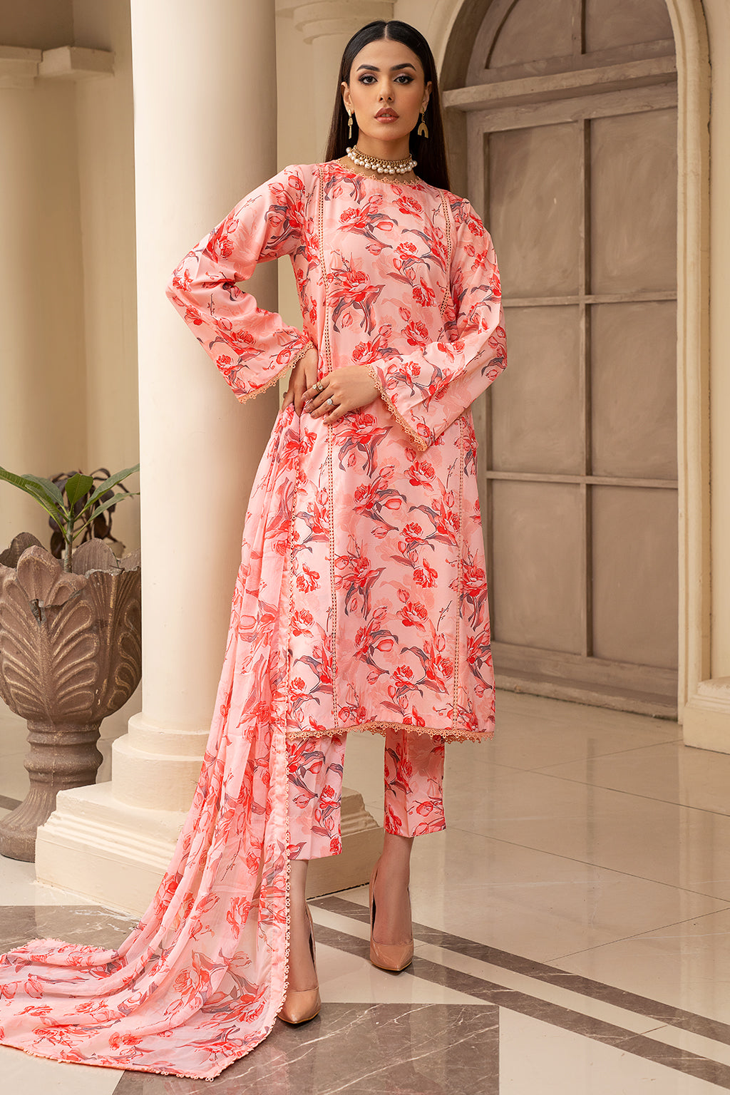 Avery Elegance: Unstitched 3pc Co-ords in Printed Georgette Silk with Embroidered Neck Patch and Chiffon Dupatta