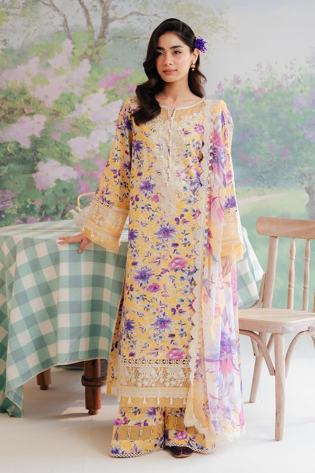 The Floral Charm - Tuscany- Lawn 3-Piece Ensemble in Mustard