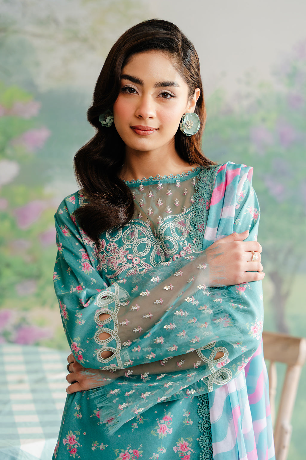 The Floral Charm - Erasmus Unstitched Lawn 3-Piece Ensemble in Sea Green