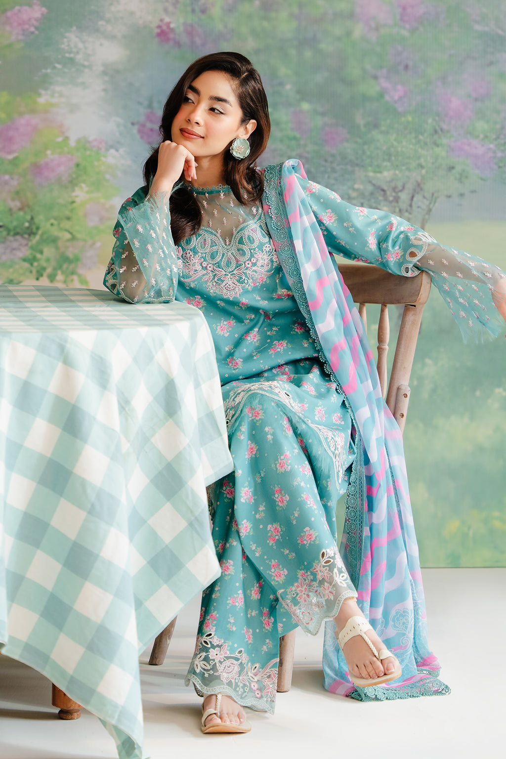 The Floral Charm - Erasmus Unstitched Lawn 3-Piece Ensemble in Sea Green