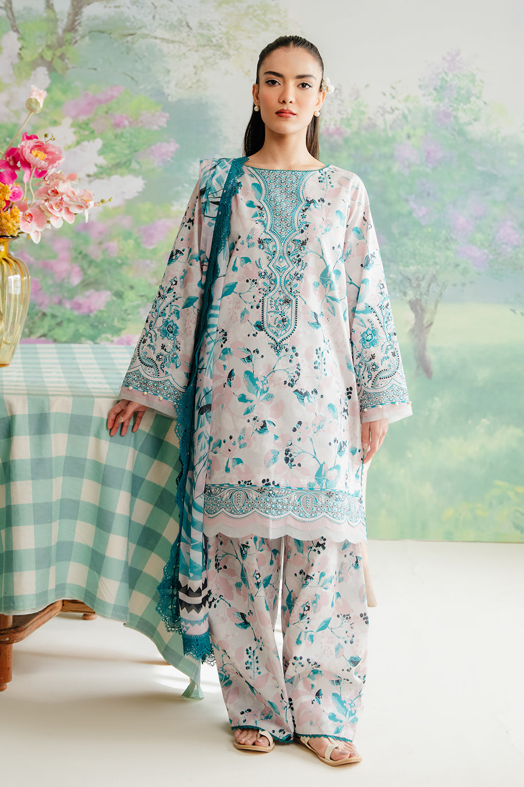 The Floral Charm -Cashmere-3-Piece Lawn Ensemble in Grey