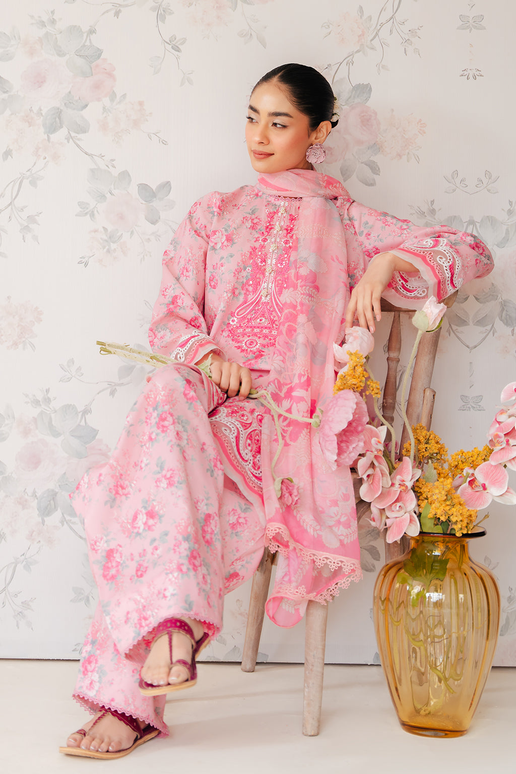 The Floral Charm - Begonia 3-Piece Lawn Ensemble in Light Pink