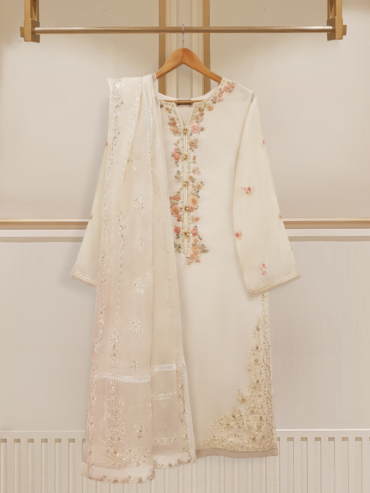 Ethereal Elegance: Stitched Cotton Net Shirt with Organza Dupatta