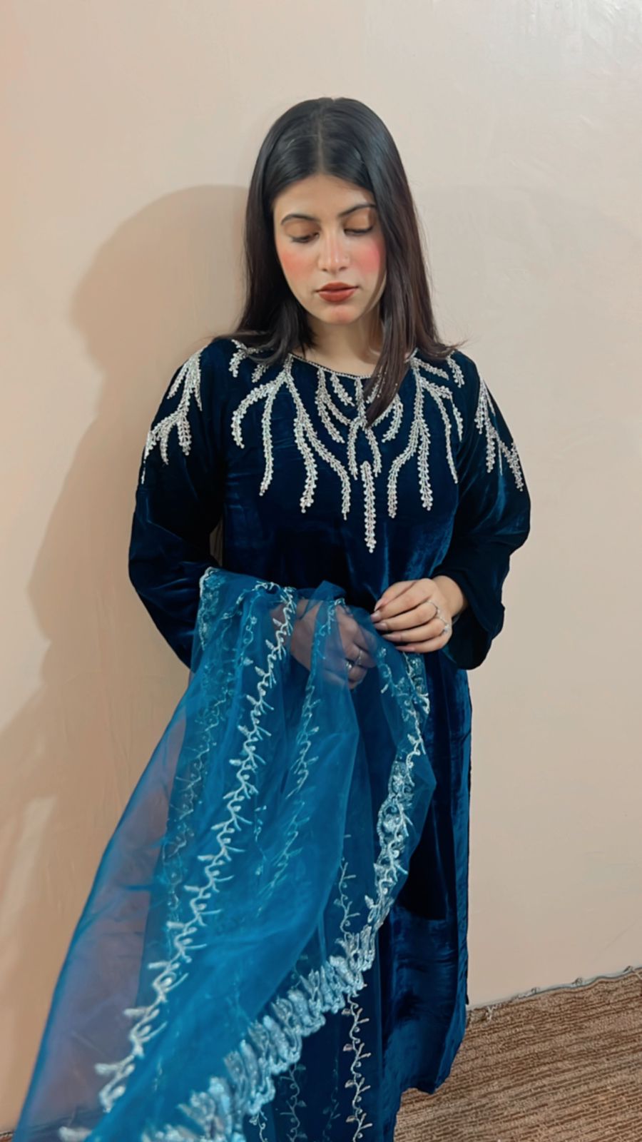 Royal Blue Velvet Elegance: 3pc Velvet with Handwork, Stitched Ensemble