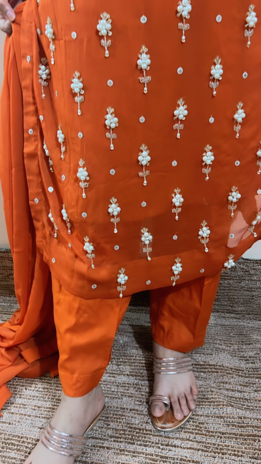 Orange Pearl Essence Chiffon 3pc Suit -Stitched