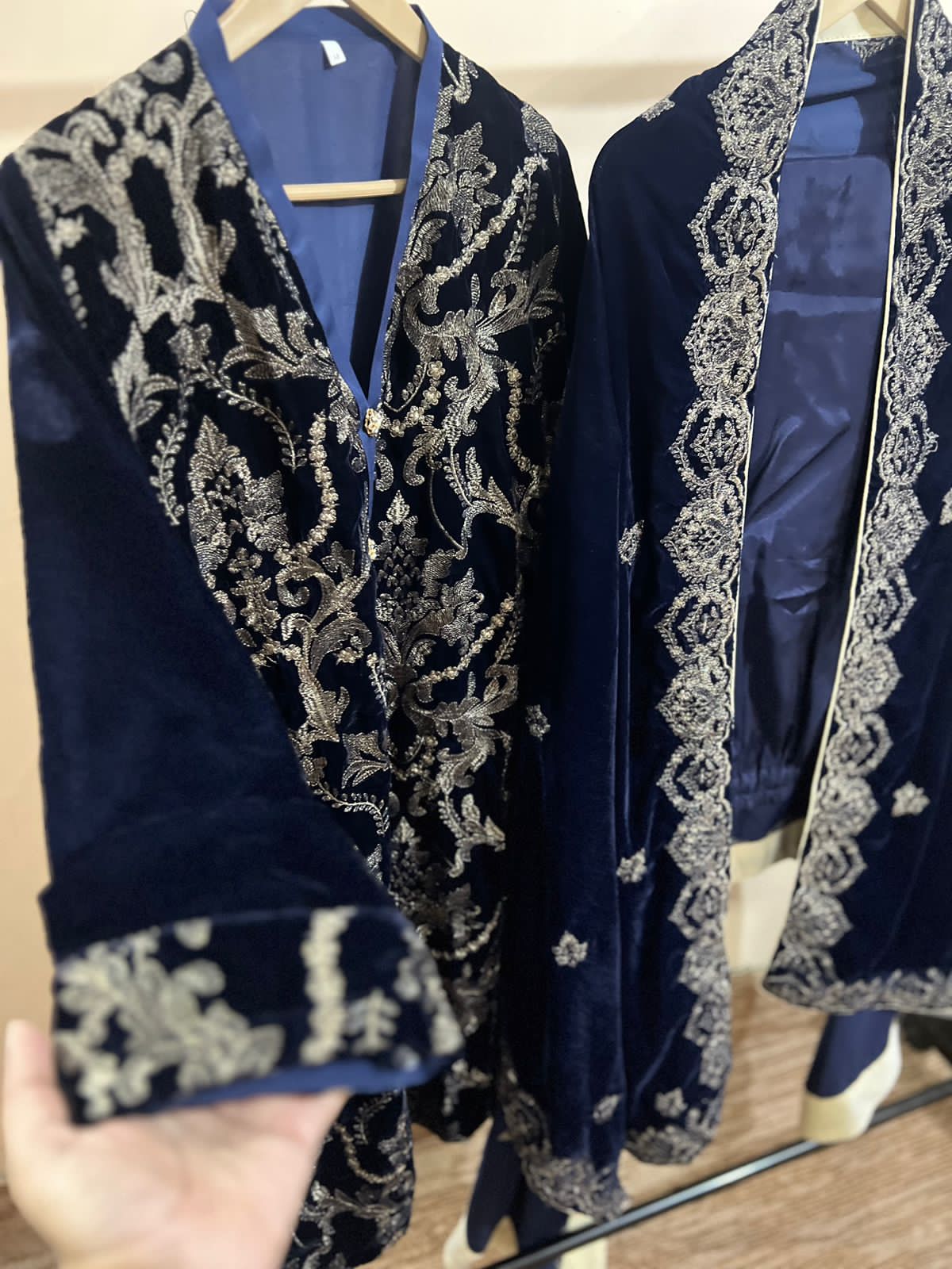 Elegance in Velvet: 3-Piece Dark Blue Velvet Ensemble with Machine Work and Silk Pants-Stitched