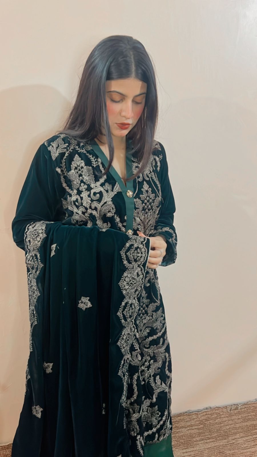 Emerald Elegance: 3-Piece Velvet Ensemble with Machine Work and Silk Pant- Stitched