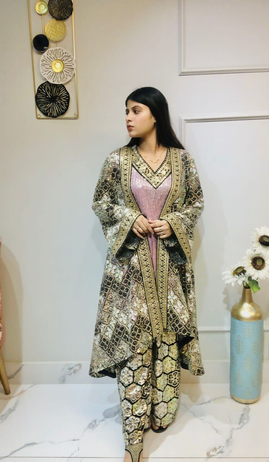 Royal Sequin Splendor: 3-Piece Silk Ensemble with Heavy Sequence Work-Stitched