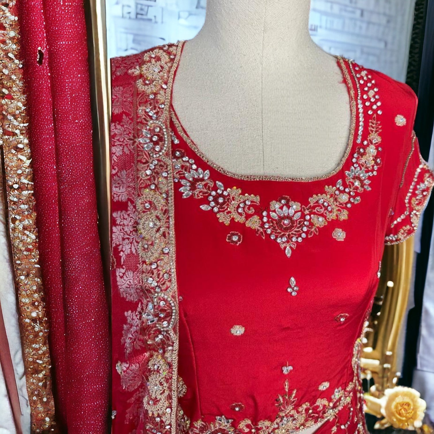 Scarlet Elegance: Bridal Lehnga Choli with Exquisite Kora Dabka Work-Stitched