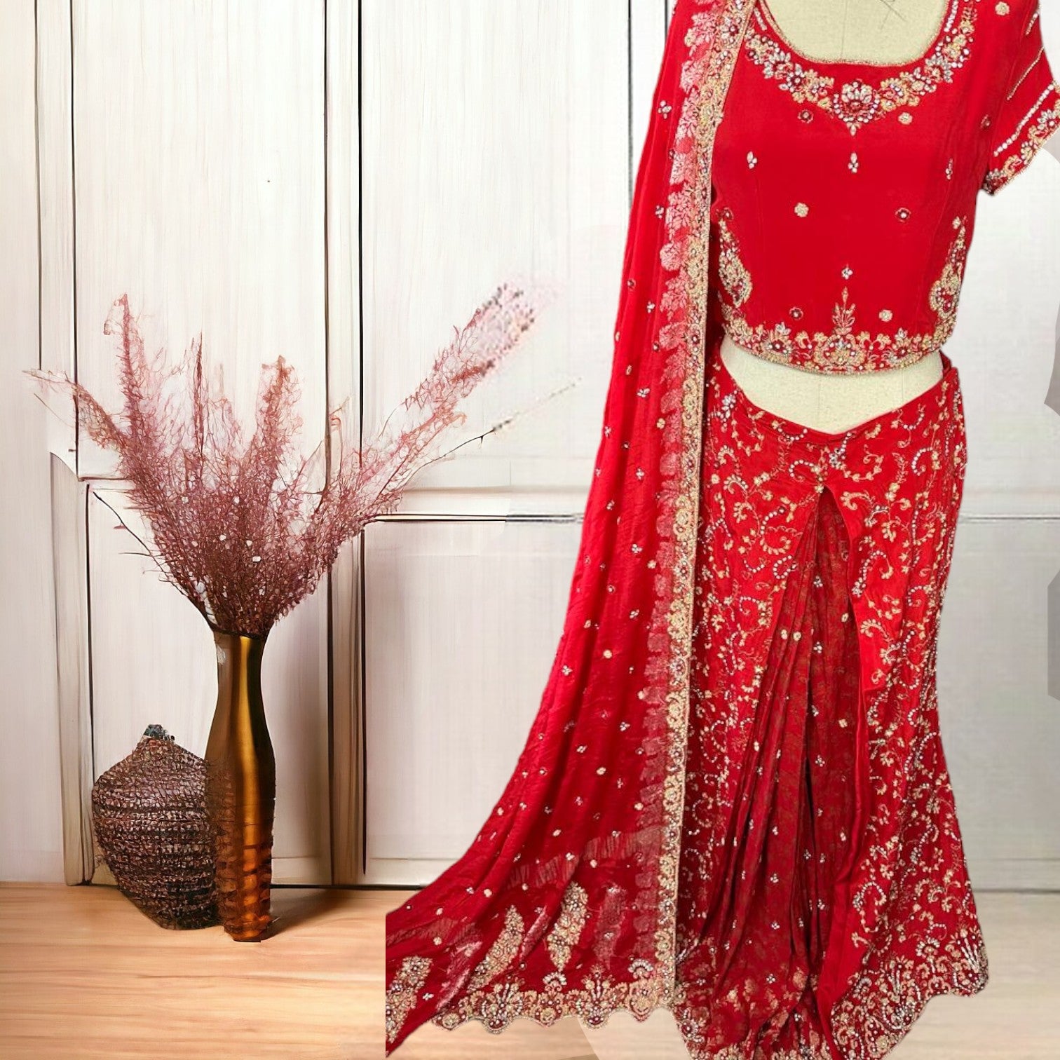 Scarlet Elegance: Bridal Lehnga Choli with Exquisite Kora Dabka Work-Stitched