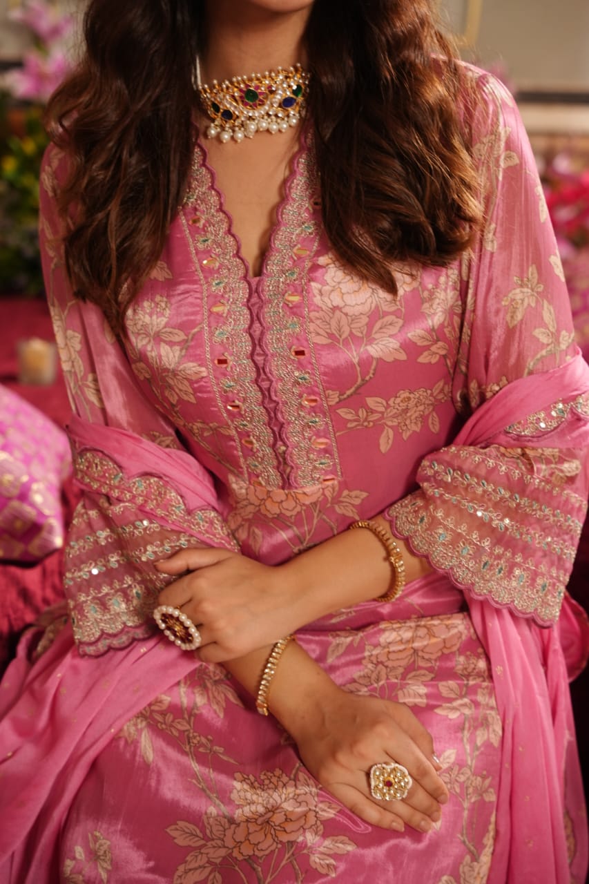 Reflections of Elegance: Olive Atelier Silk Mirror and Zari Work Ensemble in Pink-Stitched