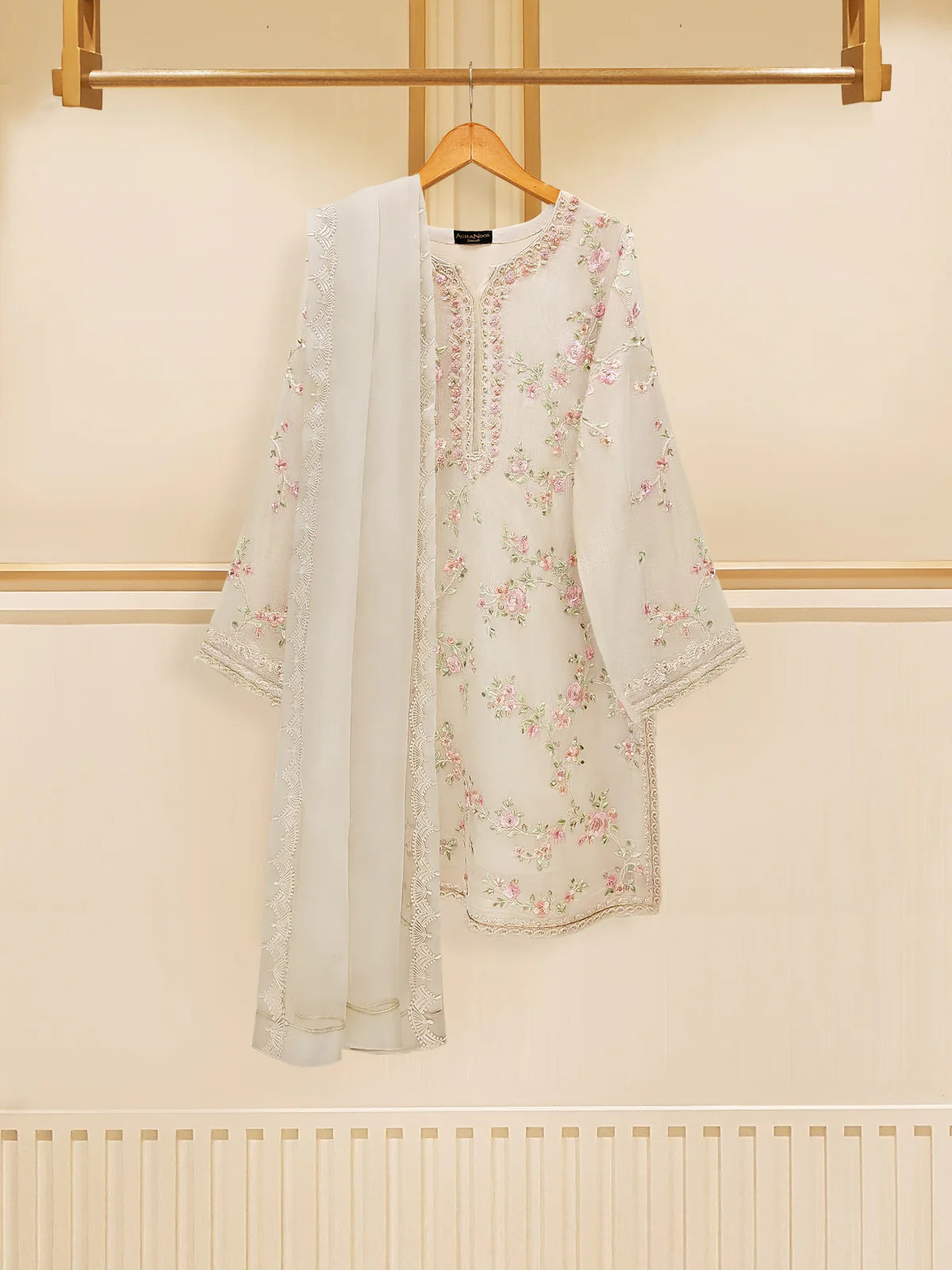 Ivory Grace: Pure Cotton Net Embroidered 3-Piece Suit (S109517)