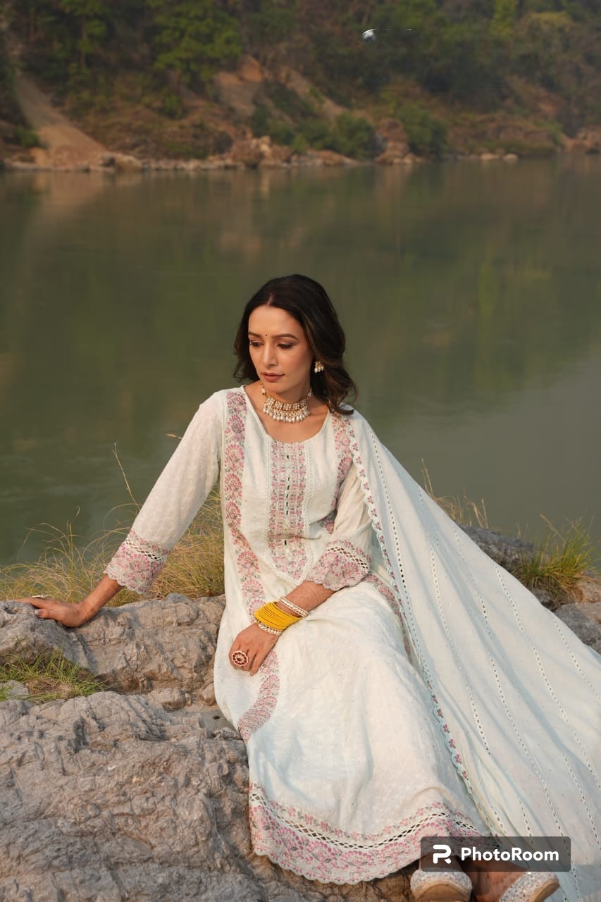 Ethereal White Schiffli Anarkali Set by Olive Atelier