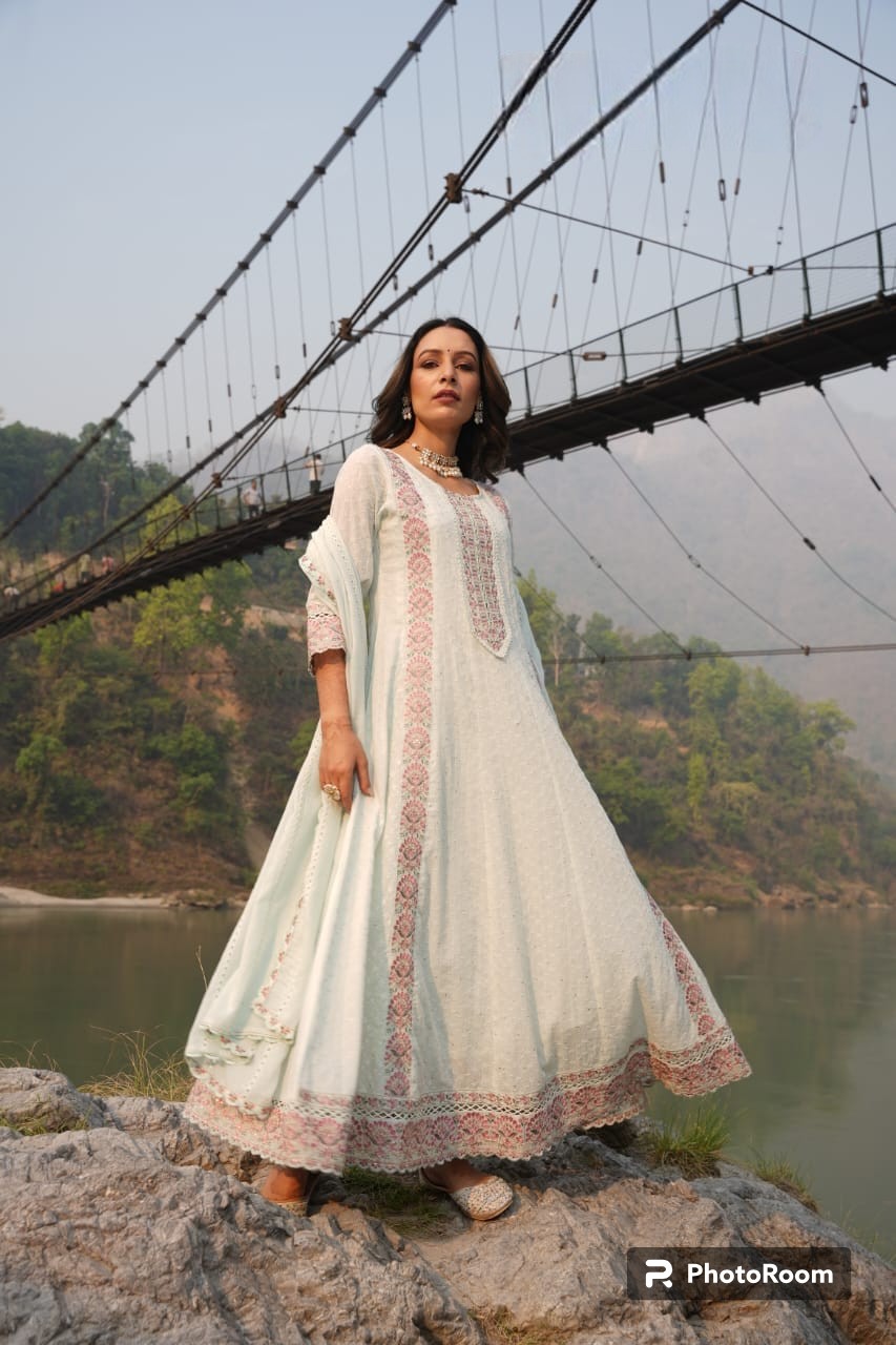 Ethereal White Schiffli Anarkali Set by Olive Atelier