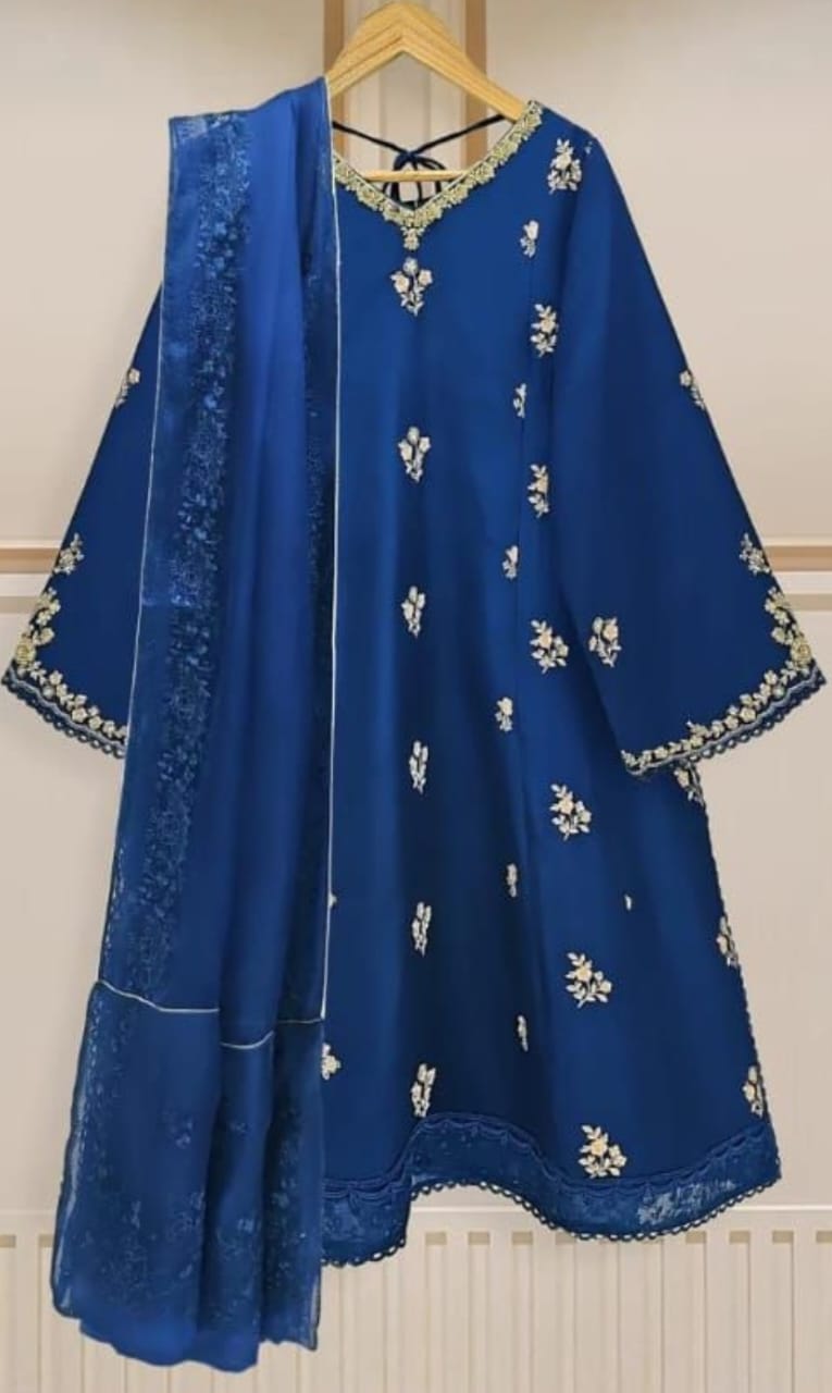 3 Piece -Pure Raw Silk Embroidered Suit in Blue