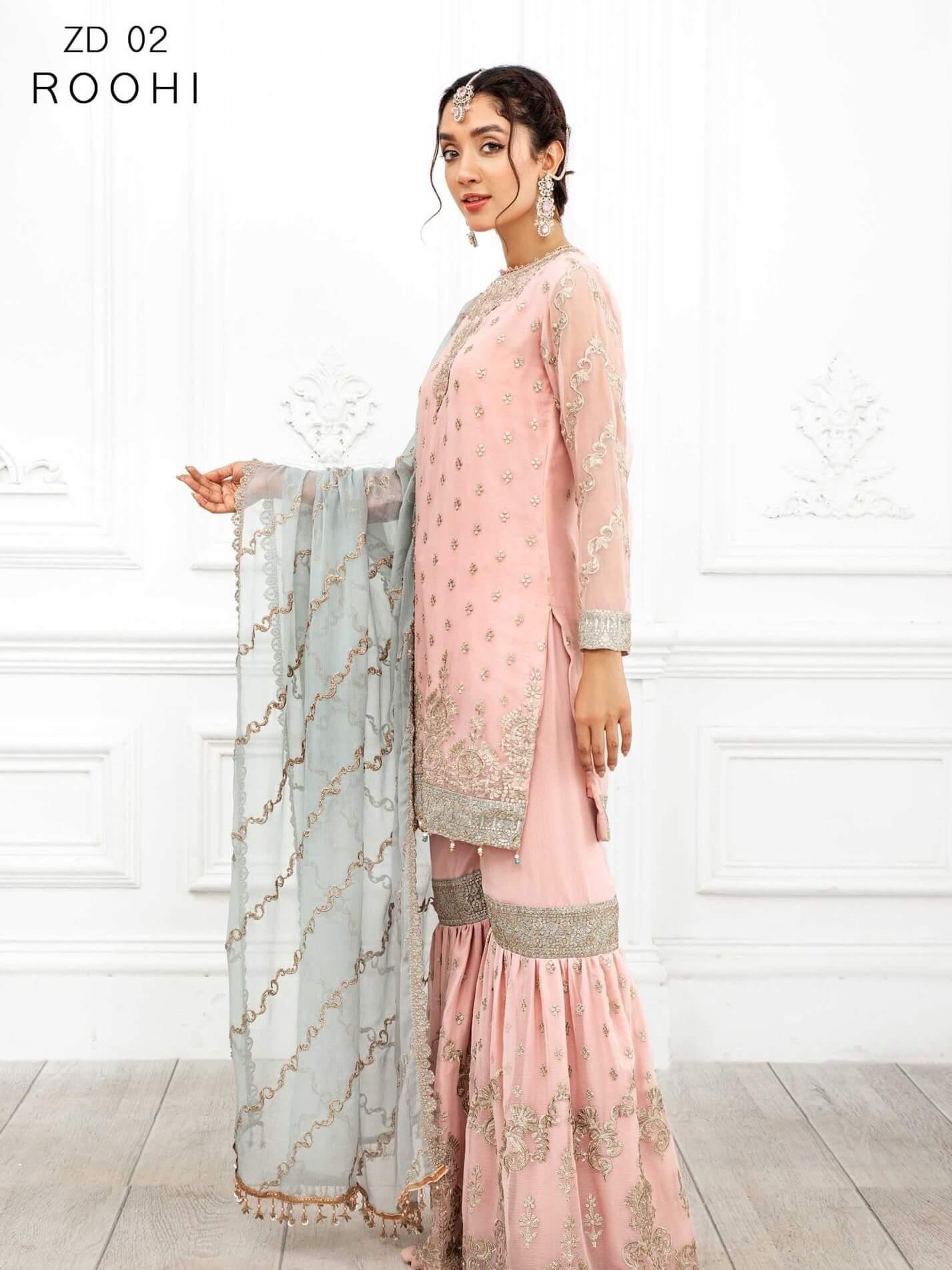 Roohi-chiffon gharara suit 3pc -Unstitched.