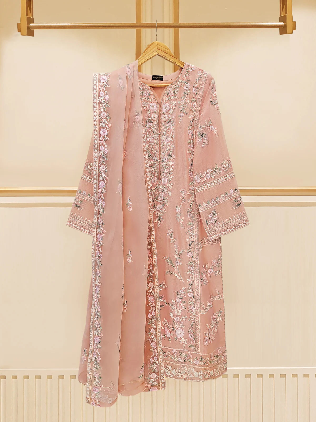 Peach Blossom Elegance: Pure Cotton Net Embroidered 3-Piece Suit (S109574)