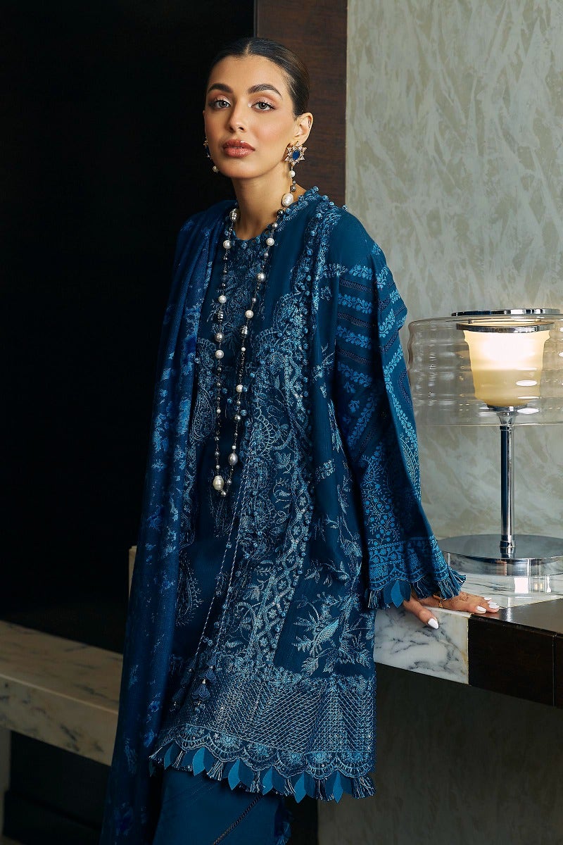 Blue Chintz & Geometry: Embroidered Elegance Winter collection unstitched with pashmina shawl.