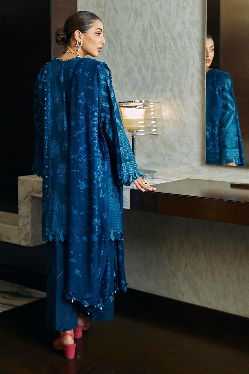 Blue Chintz & Geometry: Embroidered Elegance Winter collection unstitched with pashmina shawl.