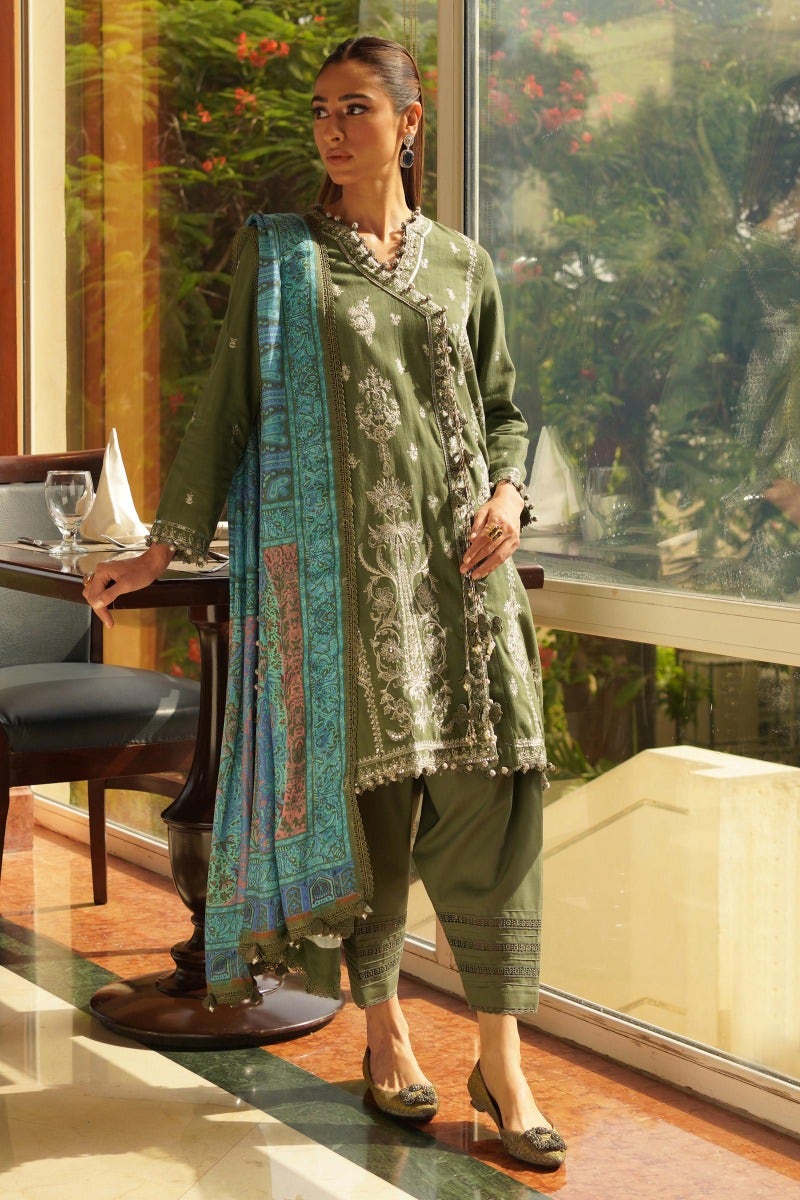 Olive Oasis Embroidery Winter collection unstitched with pashmina shawl.