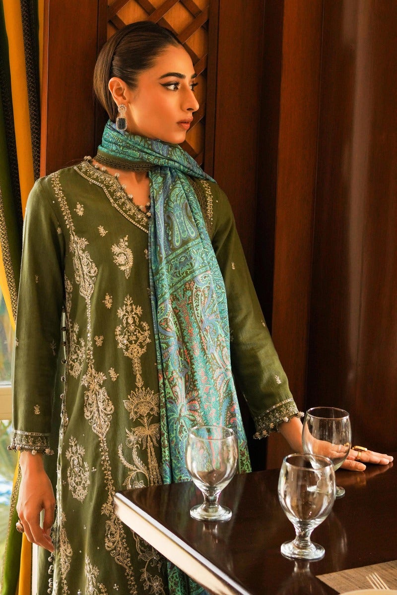 Olive Oasis Embroidery Winter collection unstitched with pashmina shawl.