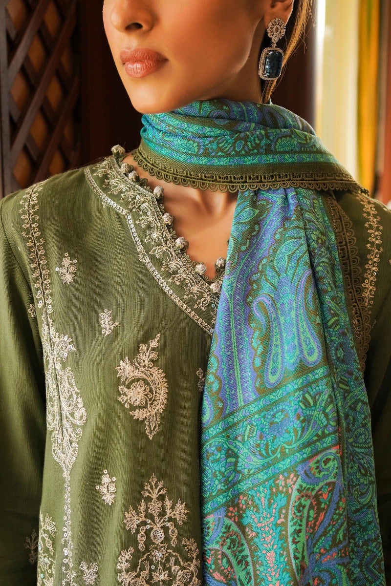 Olive Oasis Embroidery Winter collection unstitched with pashmina shawl.