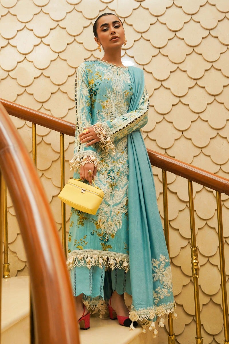 Sky Blue Embroidered Elegance Winter Collection Unstitched with Pashmina Shawl.
