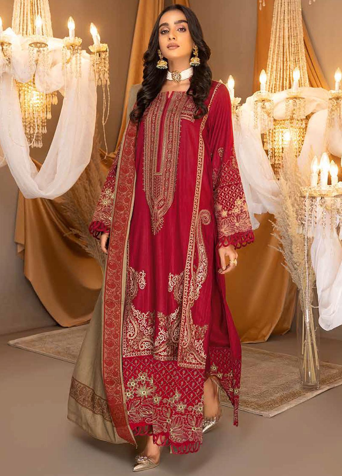 Radiant Red Charm: Charizma Posima 3-Piece Suit with Shawl